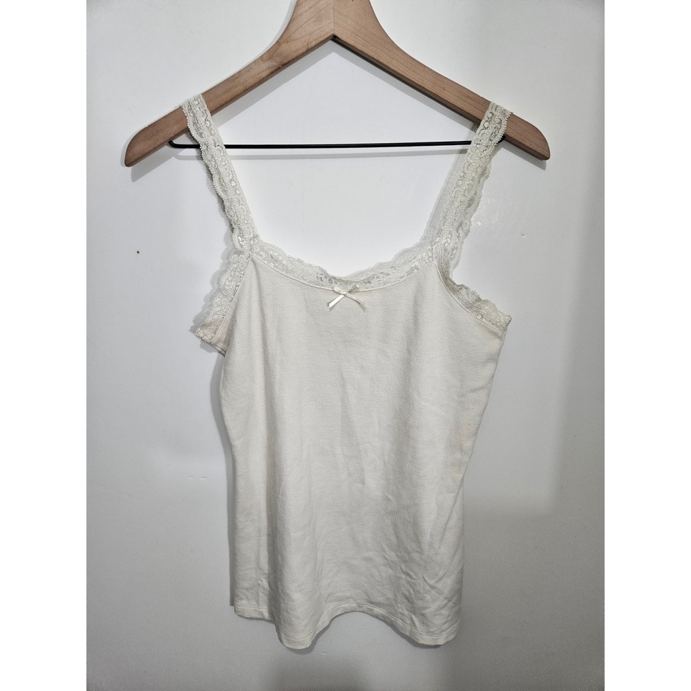 Faded Glory Cream Ribbed Lace Trim Camisole Tank Top Women Large 12/14 Bow Accen